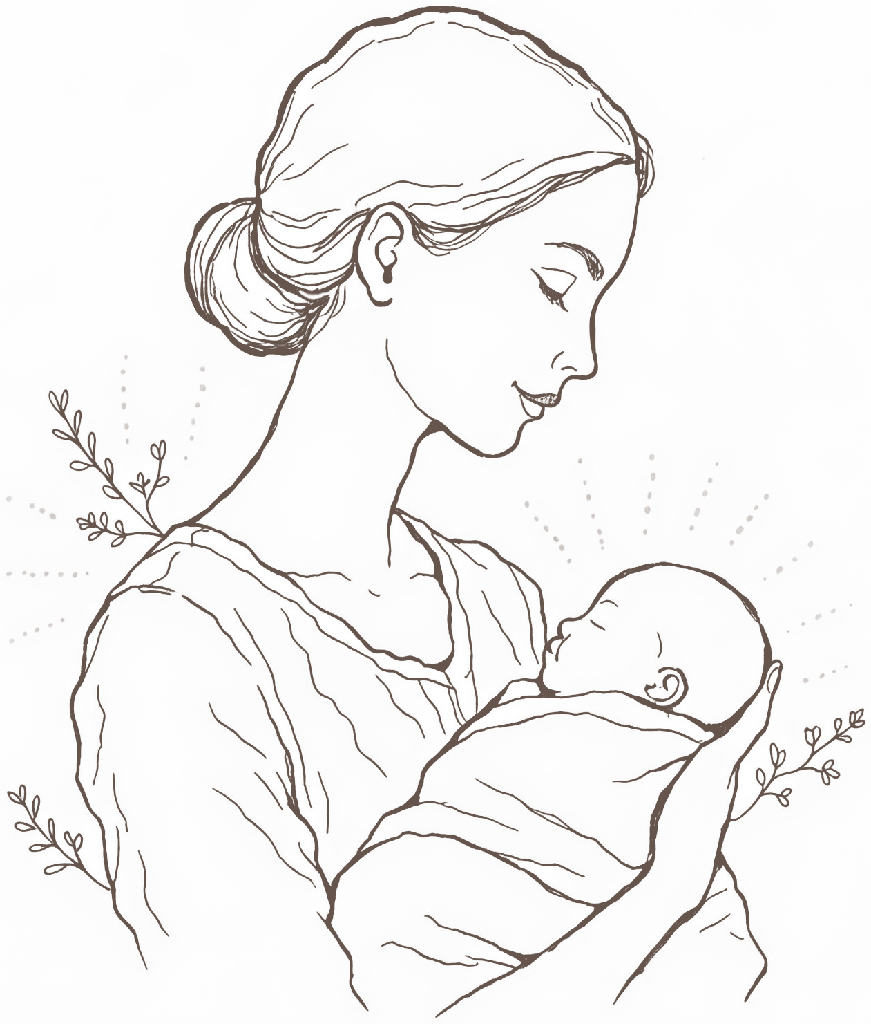 A fine-line etching of a smiling mother cradling her swaddled baby, sprigs radiating around her