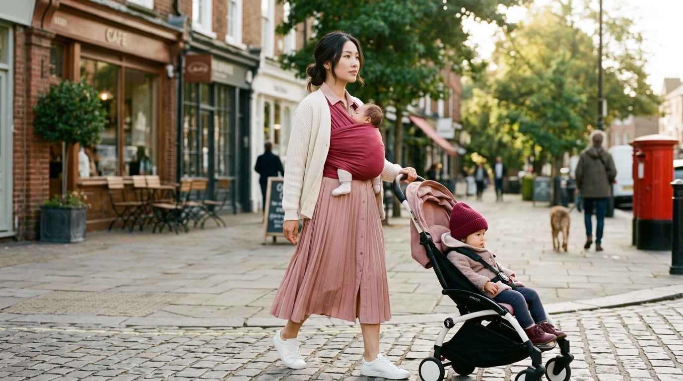A young mother in a blush dress strolling through Hampstead village, baby wrapped to her chest, toddler in the stroller beside her