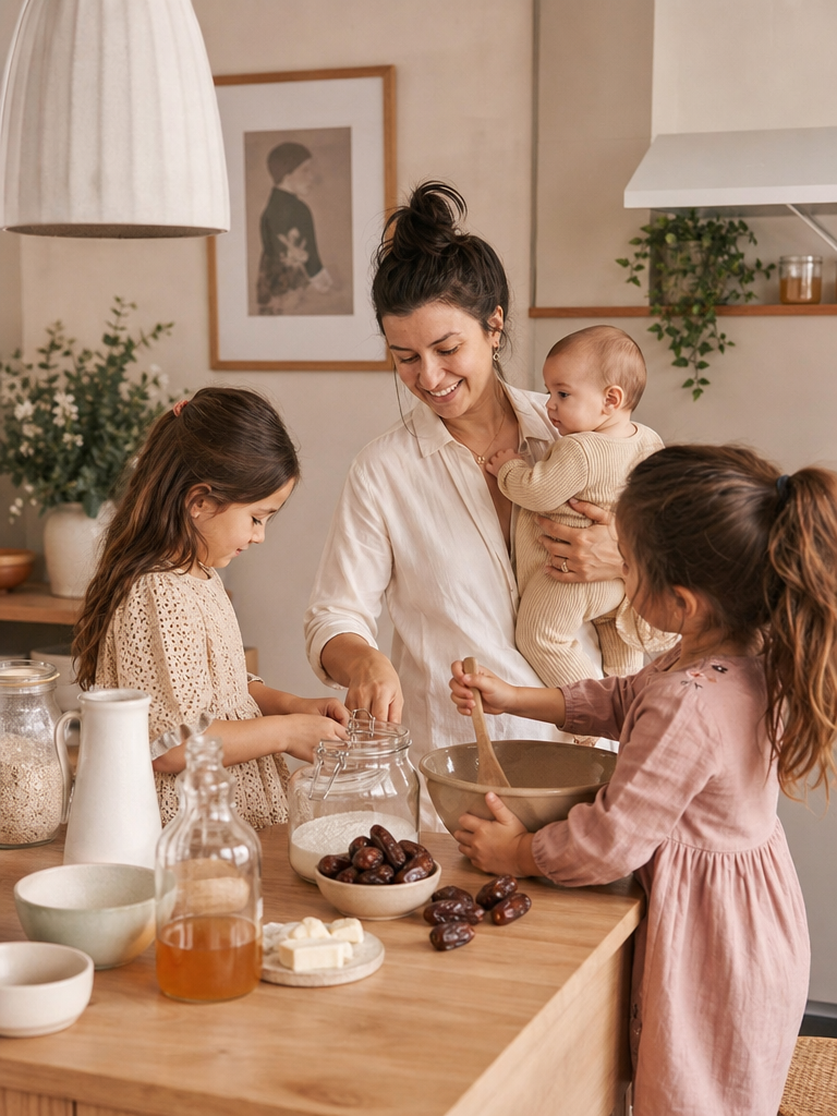 Zeinab baking with her daughters in their kitchen